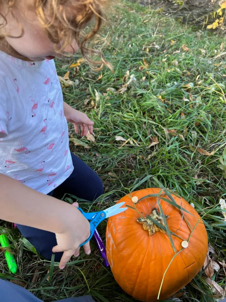 A child carving a pumpkin outdoors